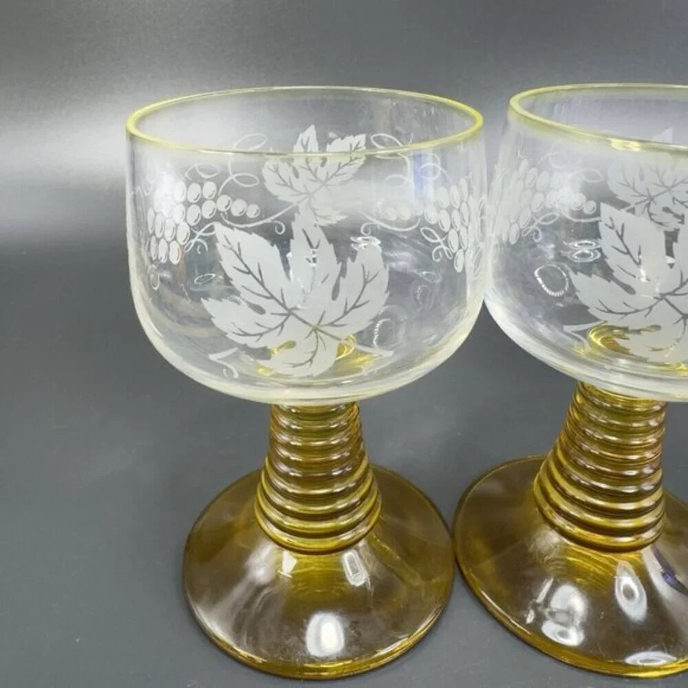 Roemer Cups Glasses Goblet Amber Beehive Stem Etched Clear Made in Germany Set 2